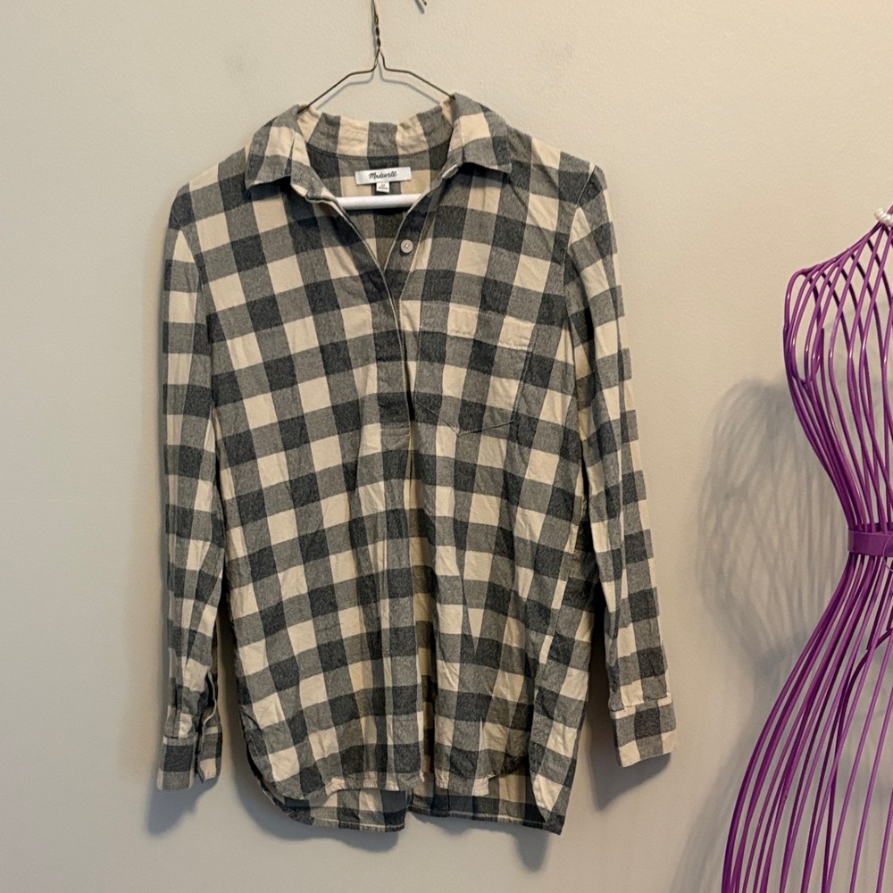 Madewell Gray and Cream Plaid Flannel  Shirt
